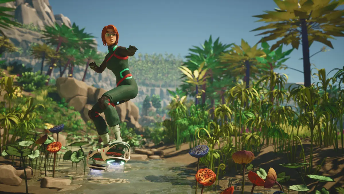Hennessy crossing an alien wetland on a hoverboard