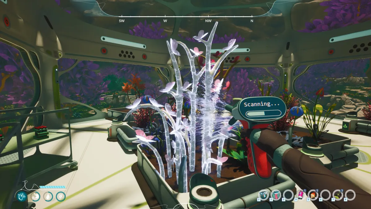 Honeycomb laboratory scene with a plant being scanned among detailed equipment